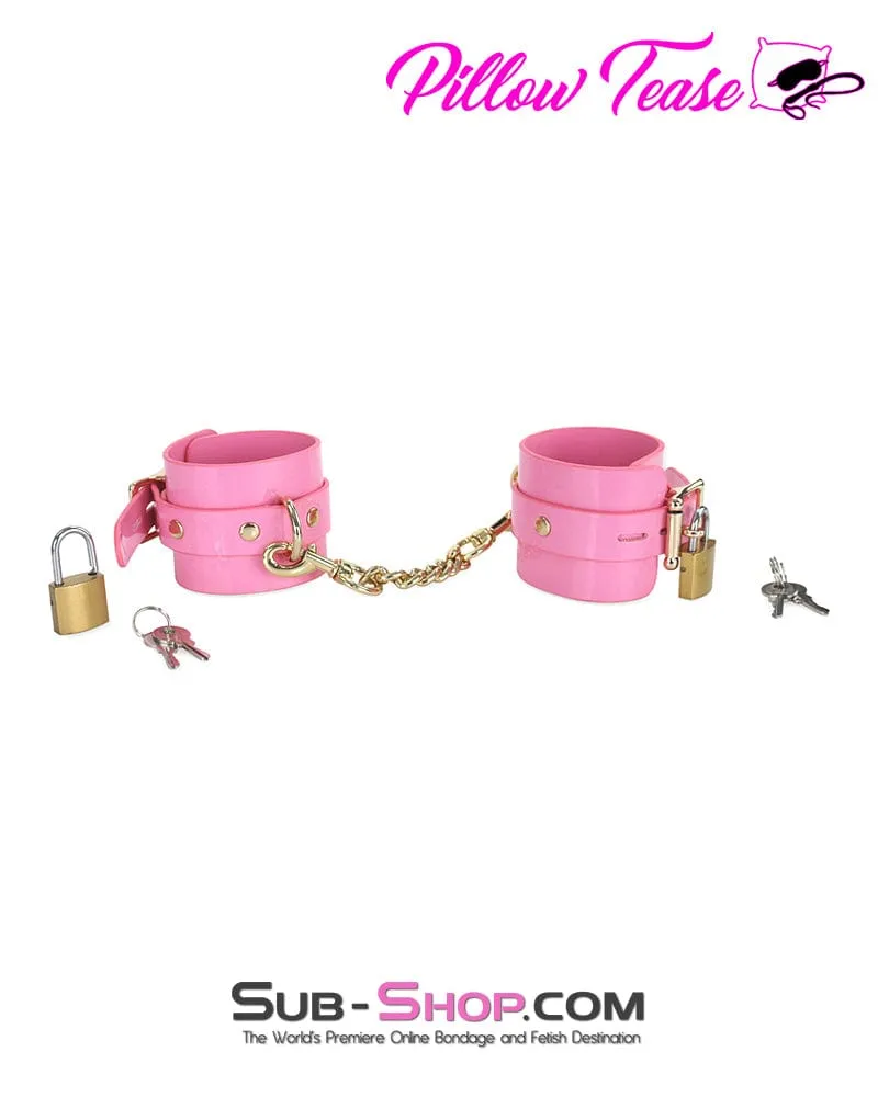 0986DL-SIS      Pink Patent Leather Sissy Bondage Cuffs with Gold Hardware