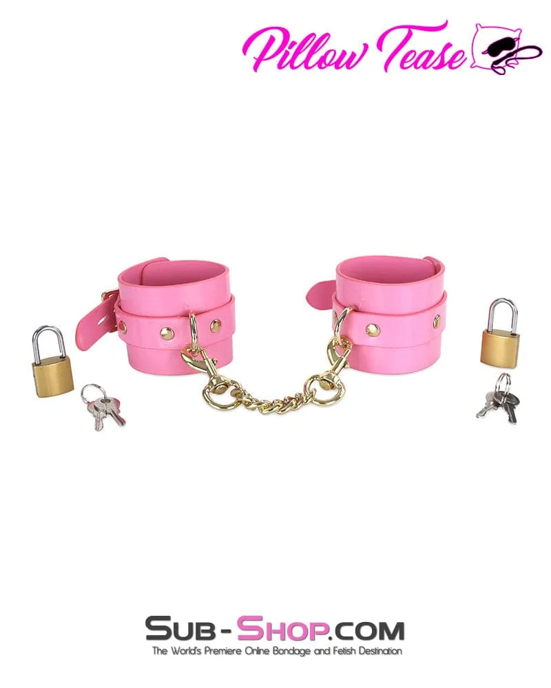 0986DL-SIS      Pink Patent Leather Sissy Bondage Cuffs with Gold Hardware