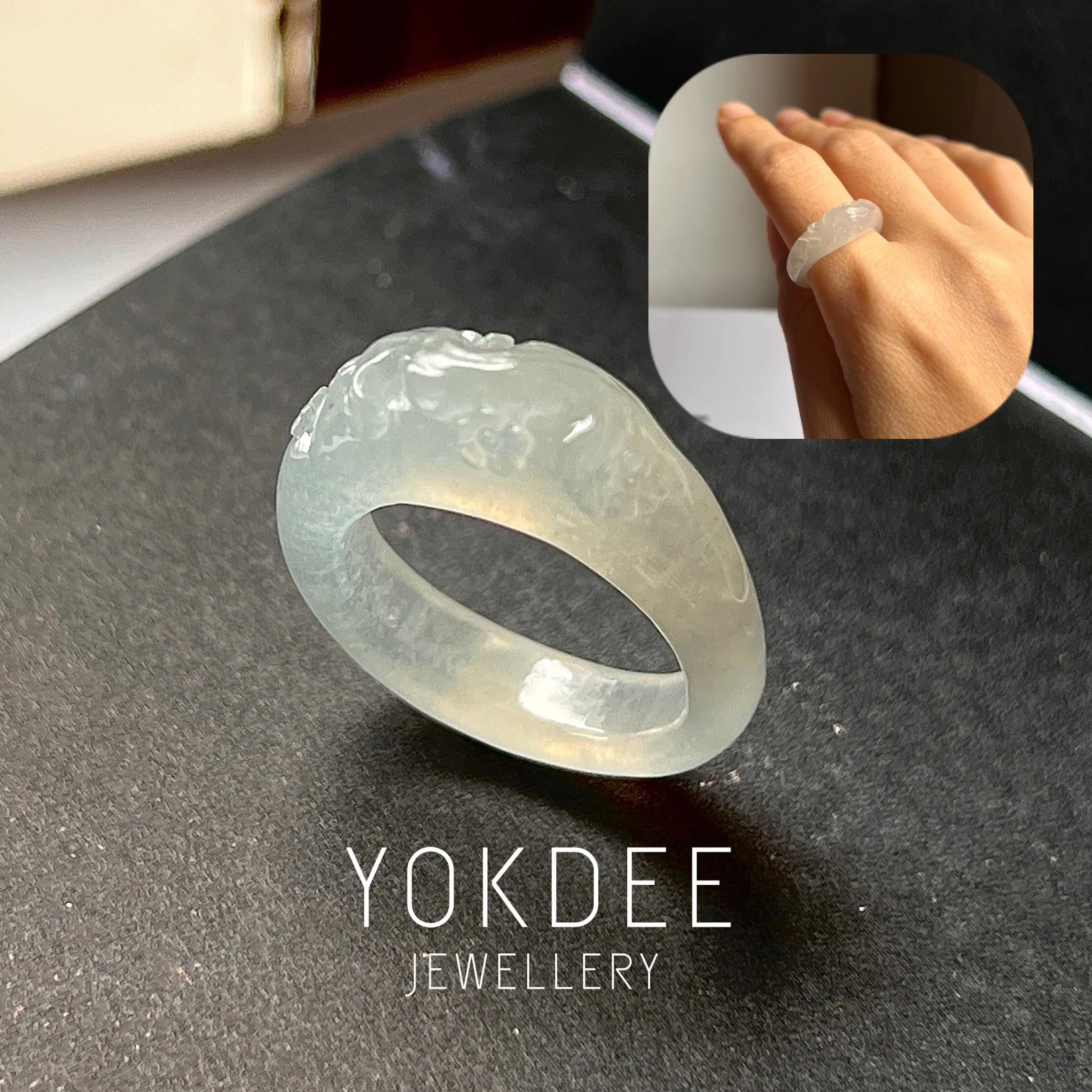 17.2mm Icy A-Grade Natural Jadeite Joseon Ring Band With Plum Blossom Flowers Carving No.162397