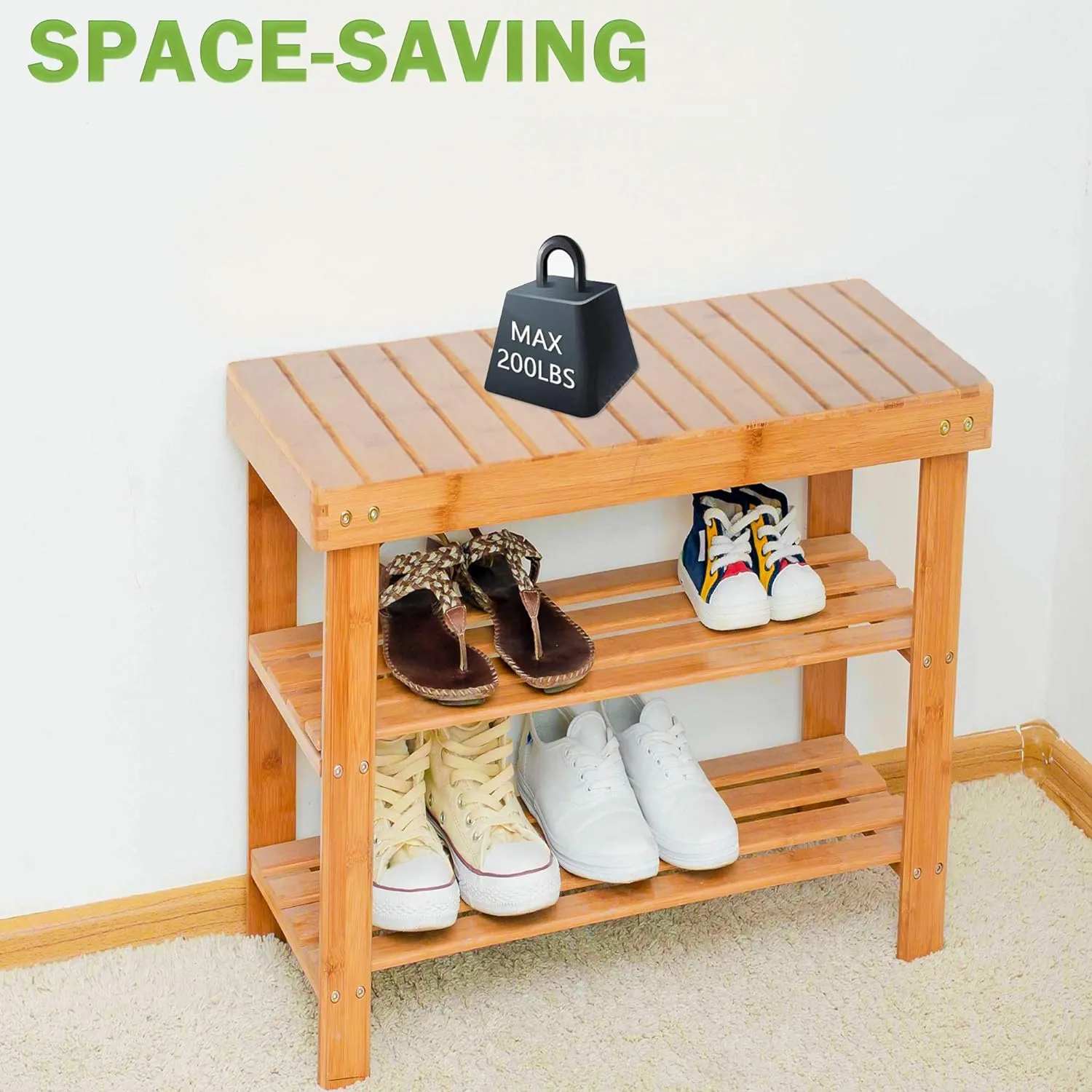 2-Tier Bamboo Shoe Entryway Storage Bench Rack Shoe Organizer