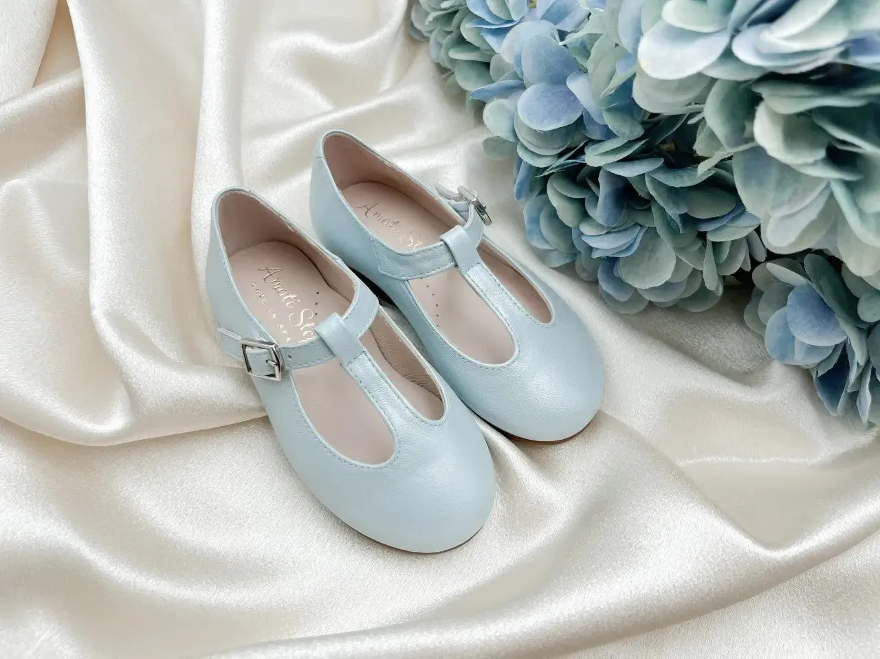 Adele- Light Blue T-Bar Leather Shoes