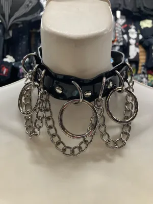 Black Patent Leather Collar w/ Silver O Ring, D Ring and Chain Details