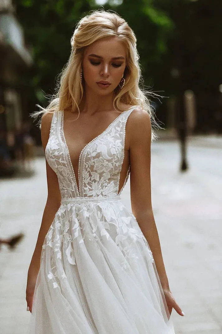 Boho Wedding Dress V-Neck Appliques Lace A-Line Tulle Bride Gown Button Beach Simple Bridal Robe Vestidos De Novia