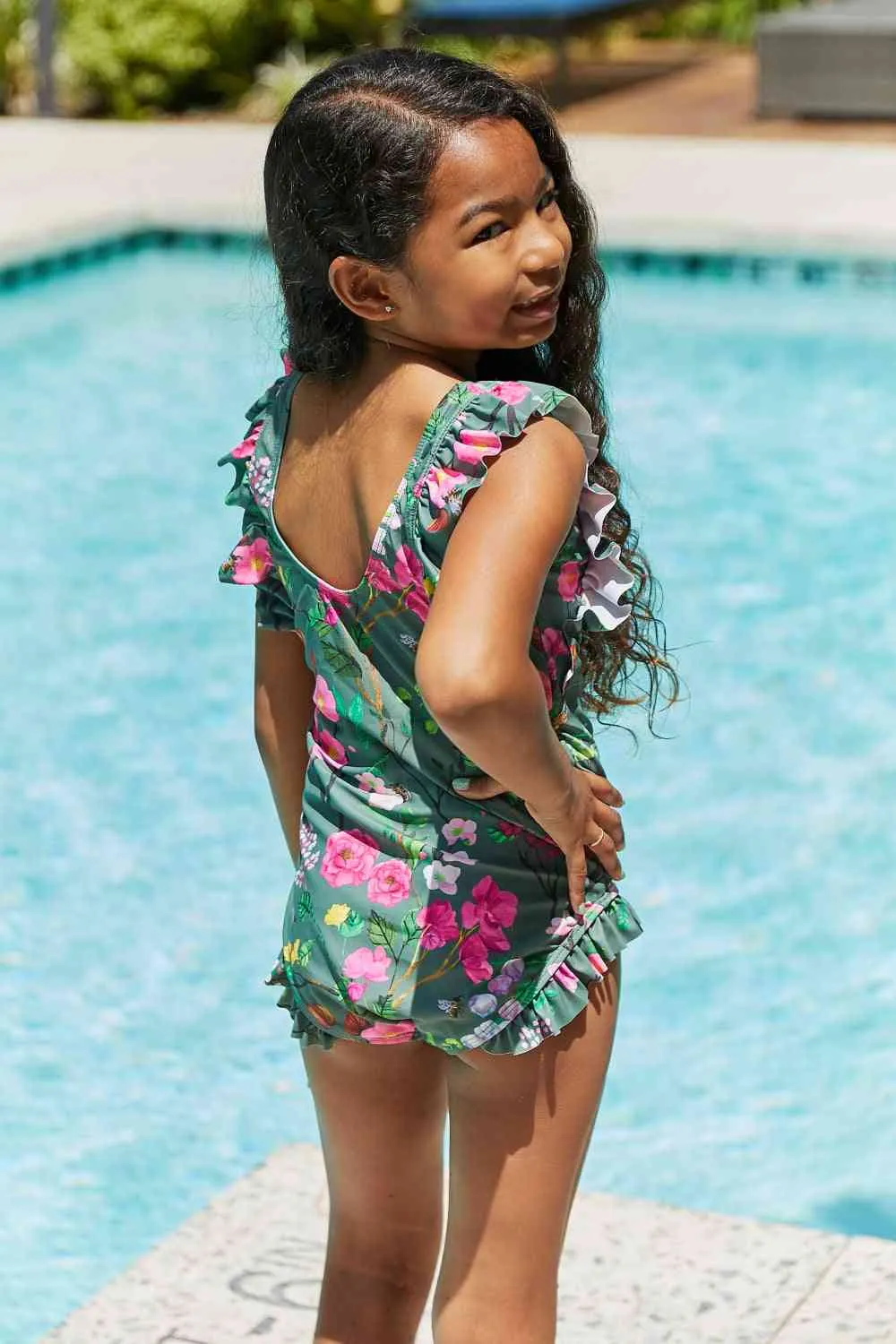 Bring Me Flowers V-Neck One Piece Girls Swimsuit In Sage