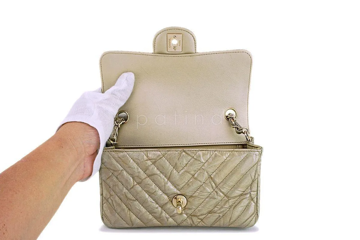 Chanel 18S Gold Crumpled Calf Patent Chevron Rectangular Mini Classic Flap Bag GHW