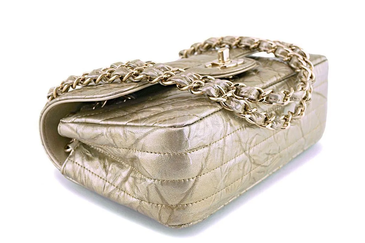 Chanel 18S Gold Crumpled Calf Patent Chevron Rectangular Mini Classic Flap Bag GHW