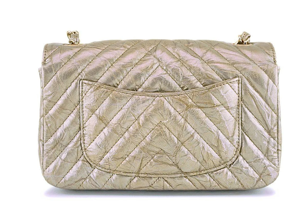 Chanel 18S Gold Crumpled Calf Patent Chevron Rectangular Mini Classic Flap Bag GHW