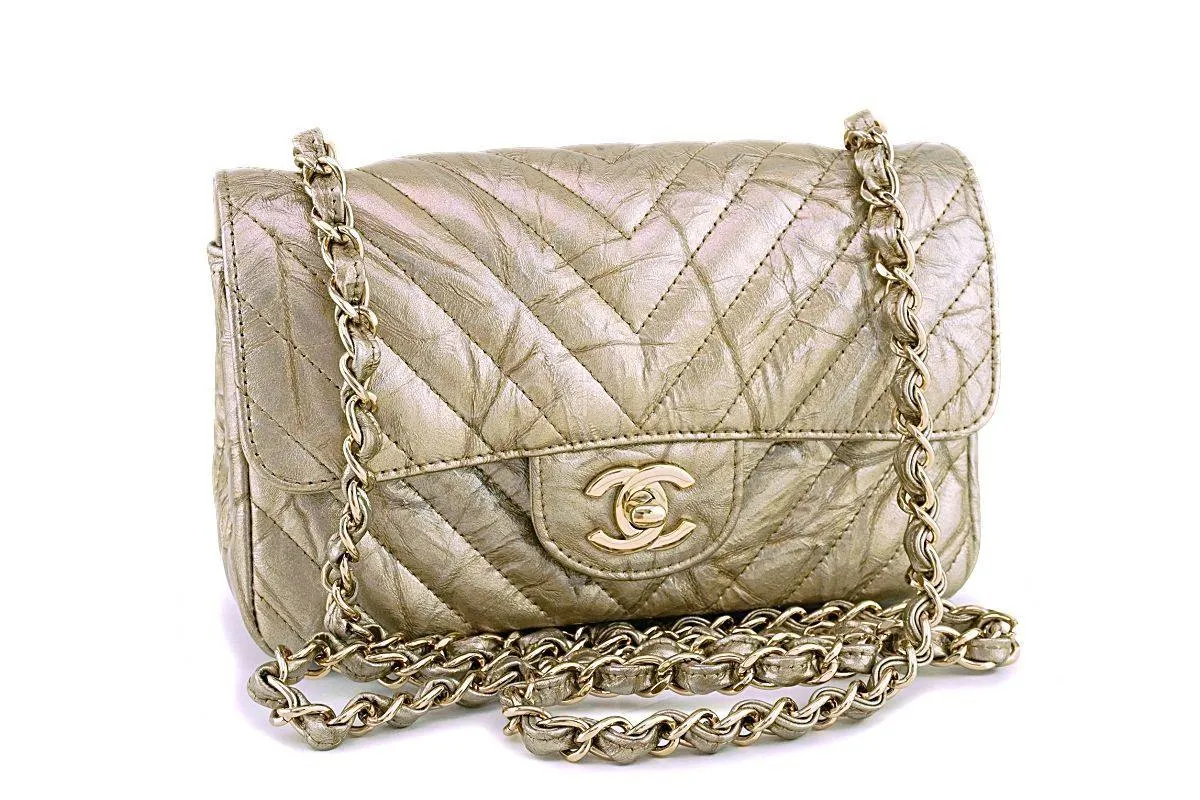 Chanel 18S Gold Crumpled Calf Patent Chevron Rectangular Mini Classic Flap Bag GHW