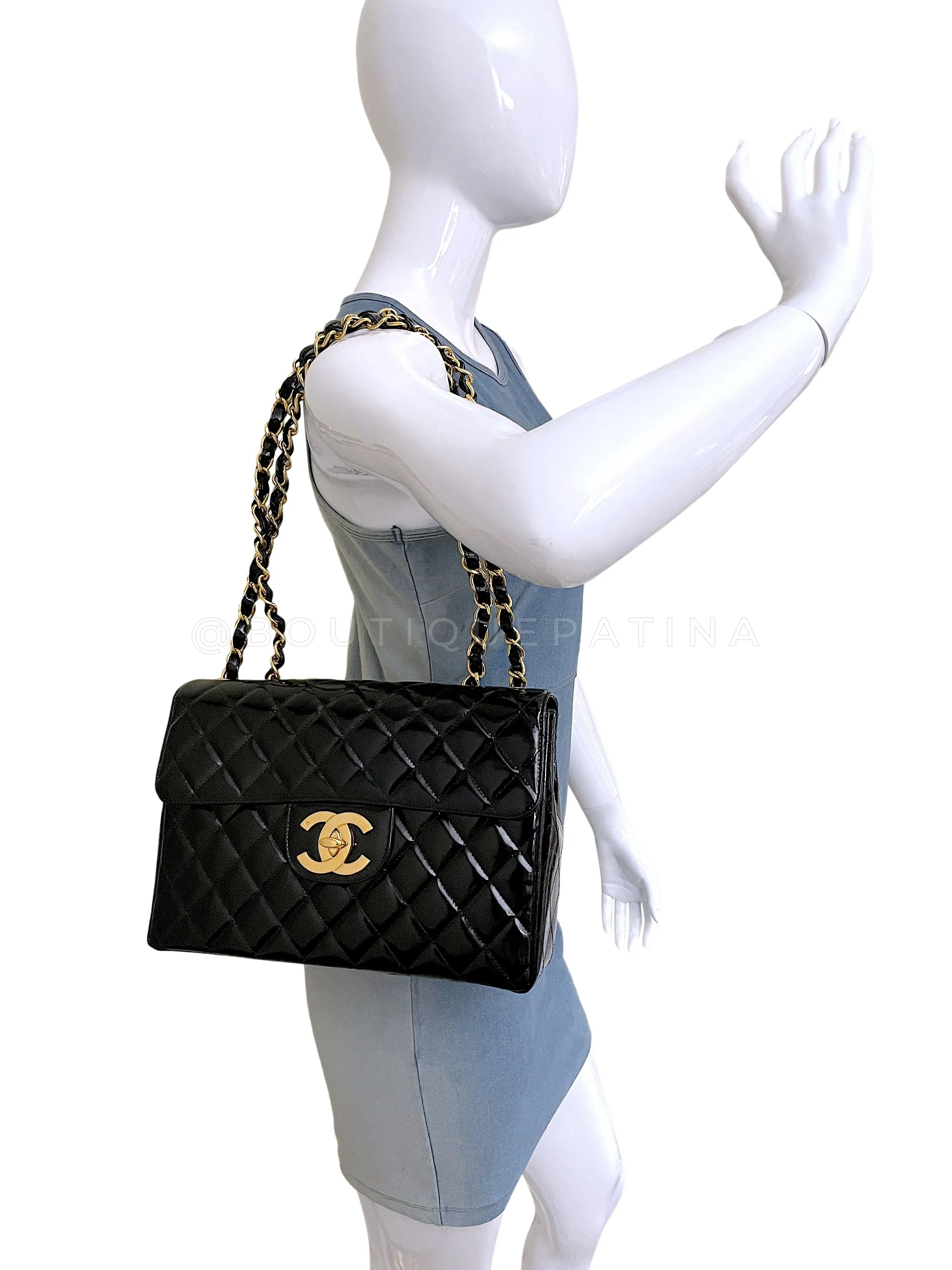 Chanel 1994 Vintage Black Patent Jumbo Classic Flap Bag 24k GHW