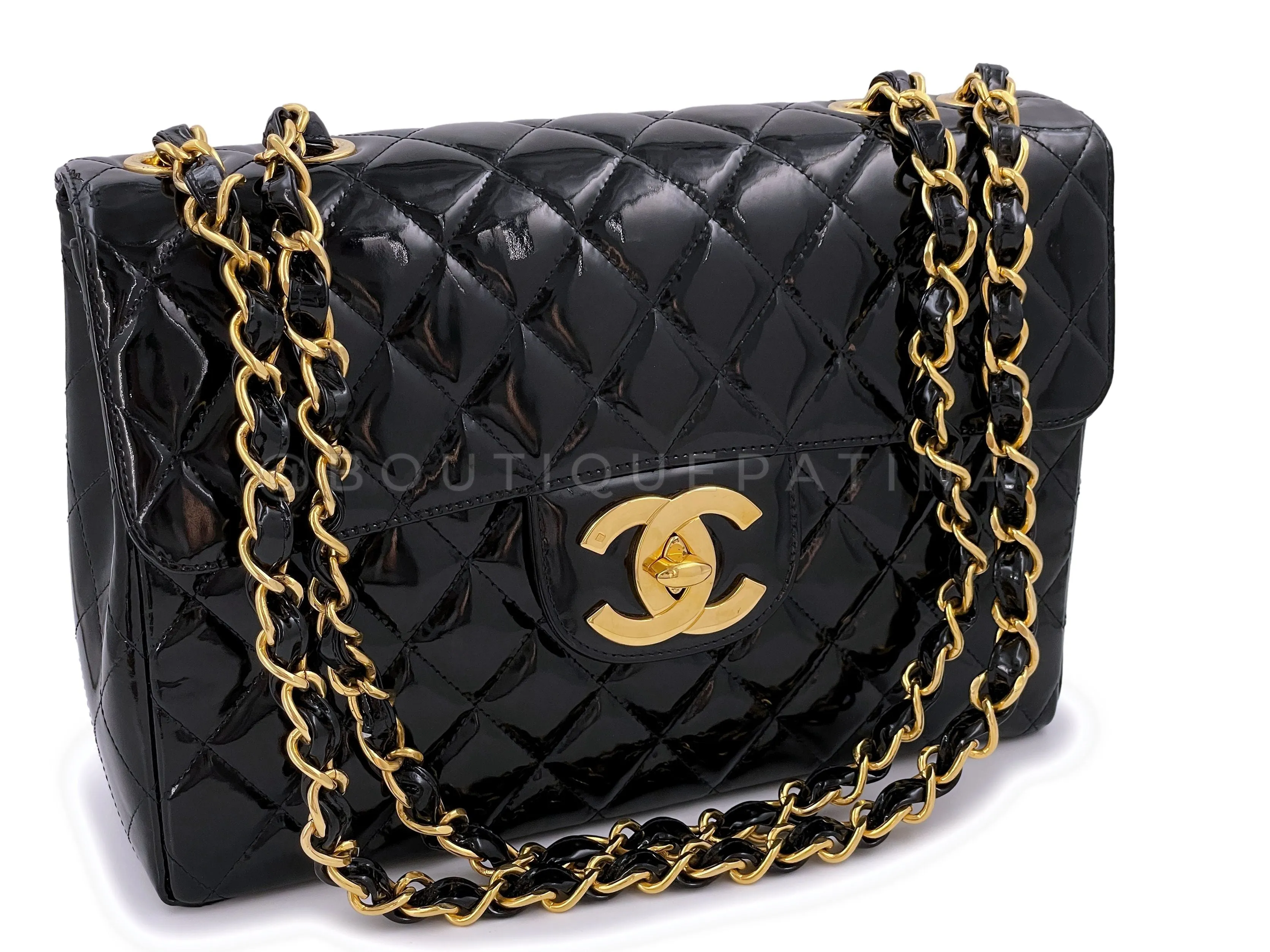 Chanel 1994 Vintage Black Patent Jumbo Classic Flap Bag 24k GHW