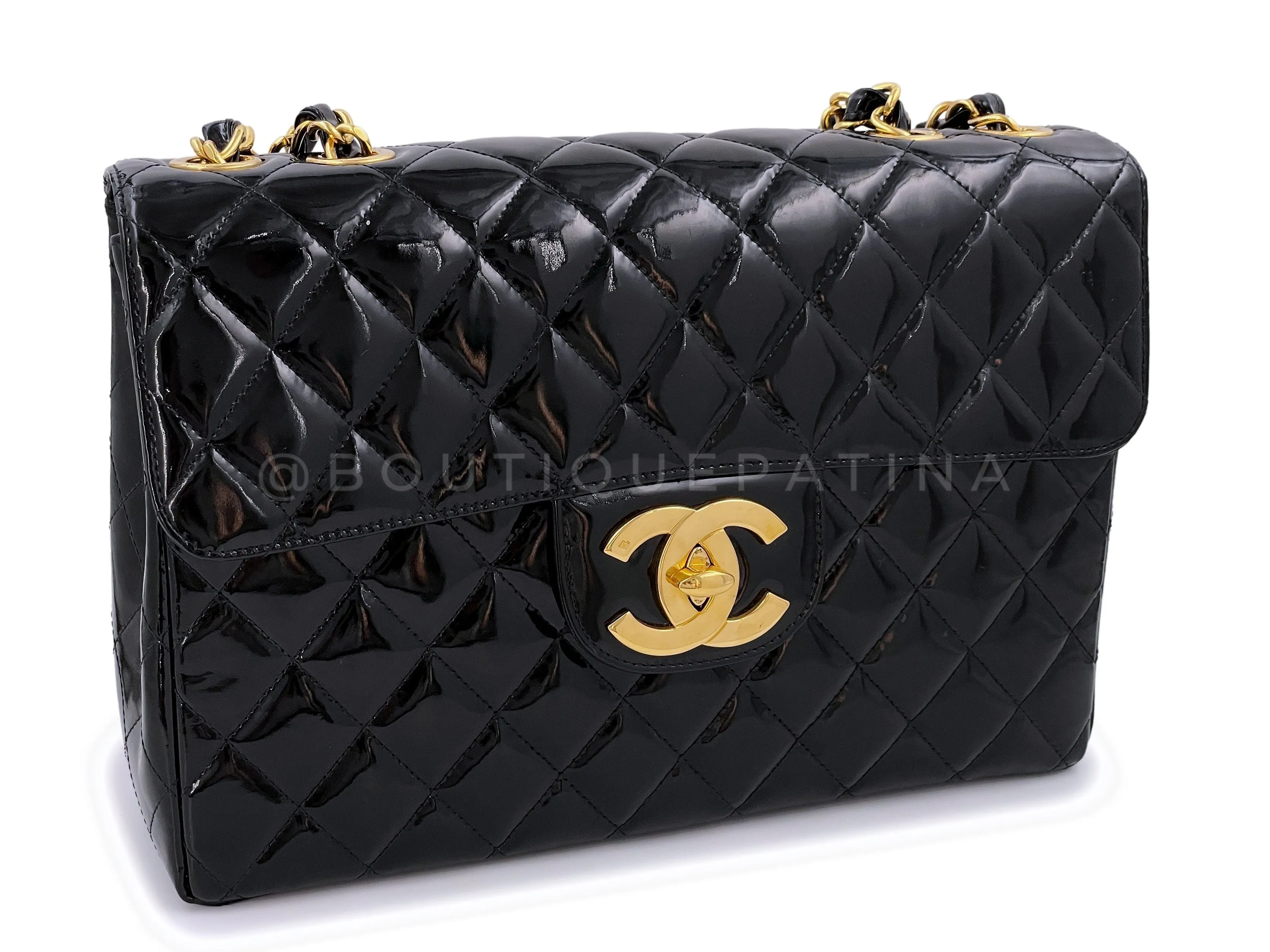 Chanel 1994 Vintage Black Patent Jumbo Classic Flap Bag 24k GHW