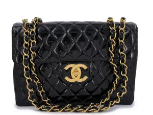 Chanel 1994 Vintage Black Patent Jumbo Classic Flap Bag 24k GHW