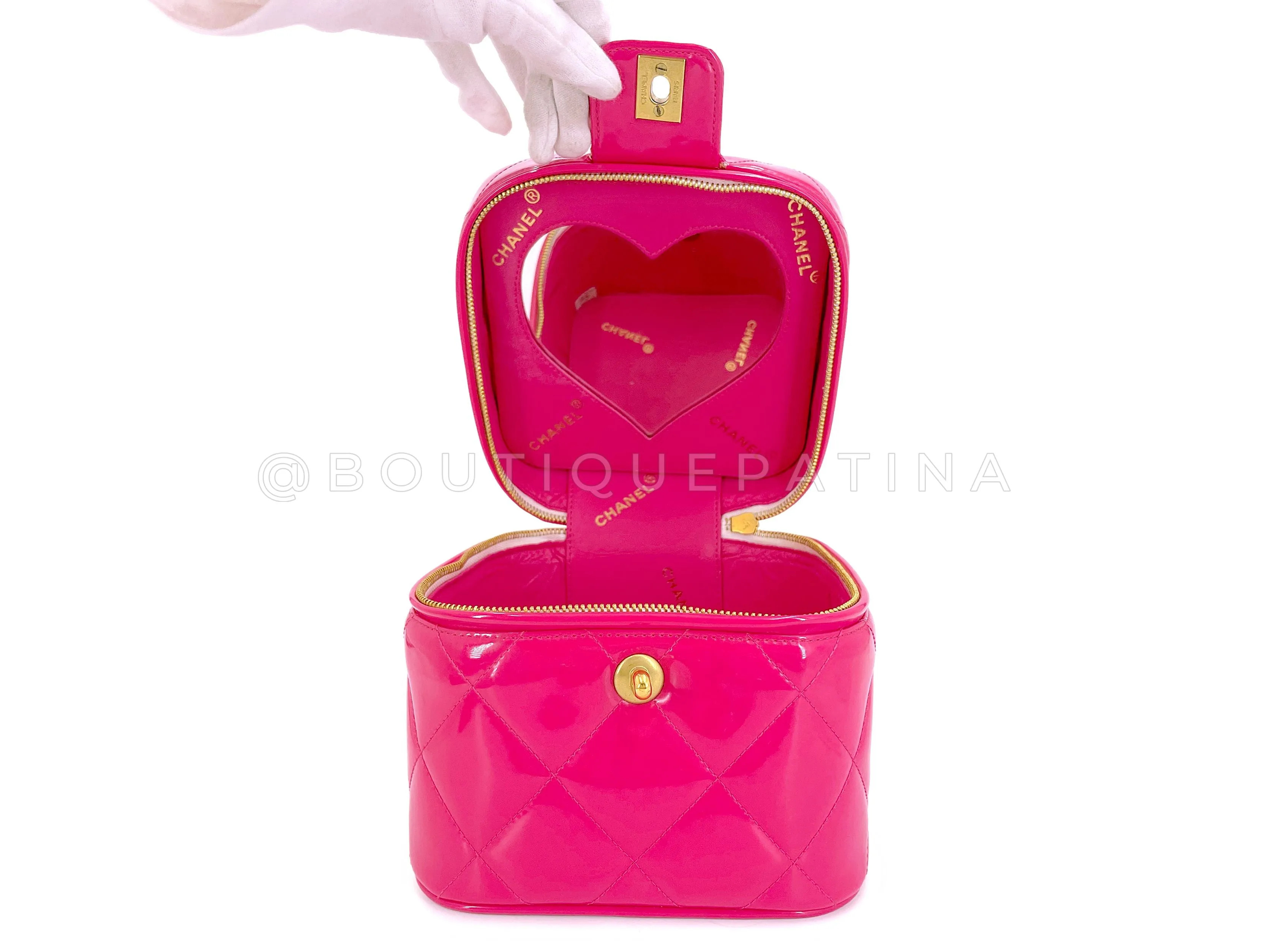 Chanel 1995 Vintage "Barbie" Pink Patent Heart-Mirror Vanity Case Bag