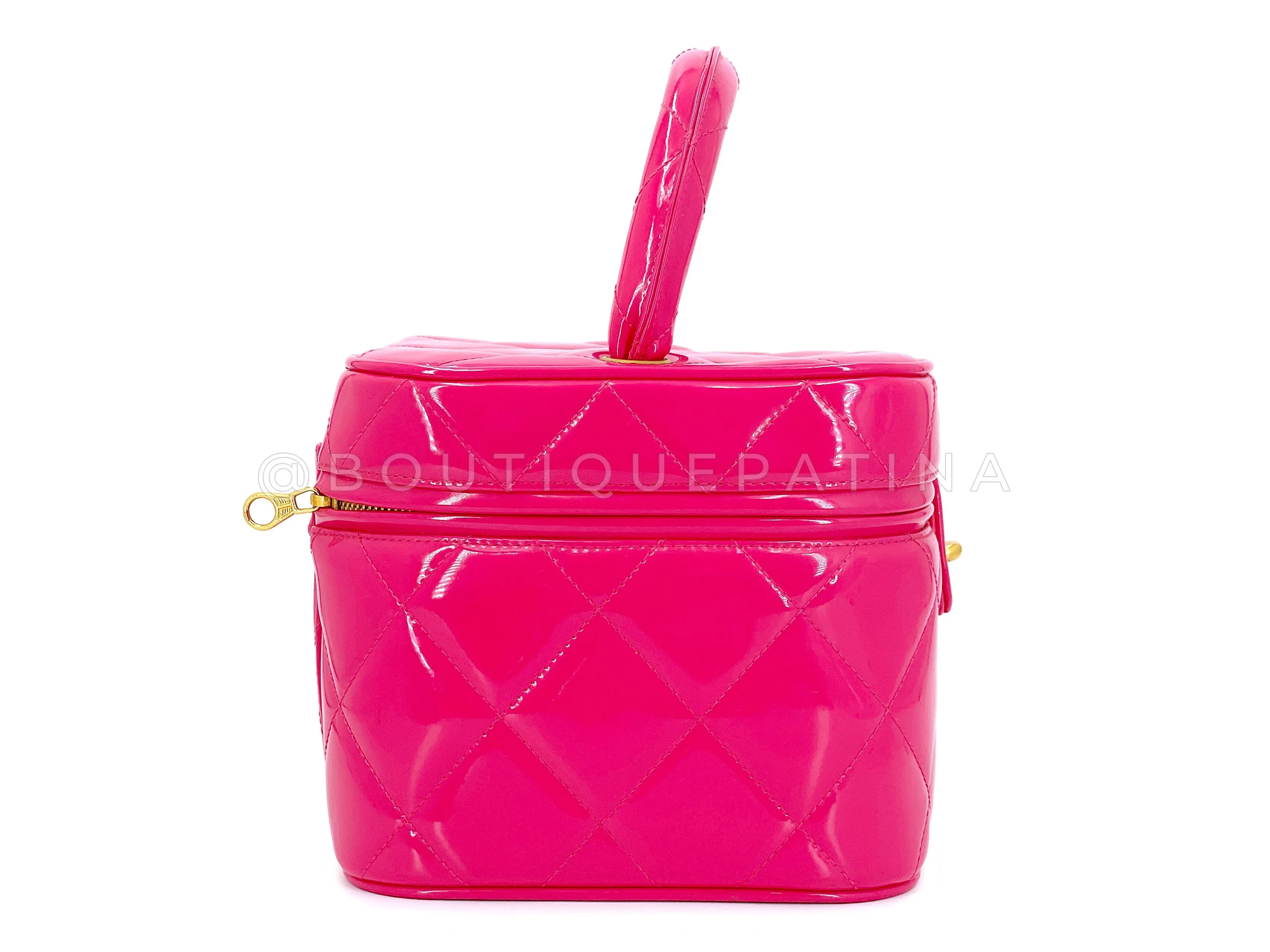 Chanel 1995 Vintage "Barbie" Pink Patent Heart-Mirror Vanity Case Bag