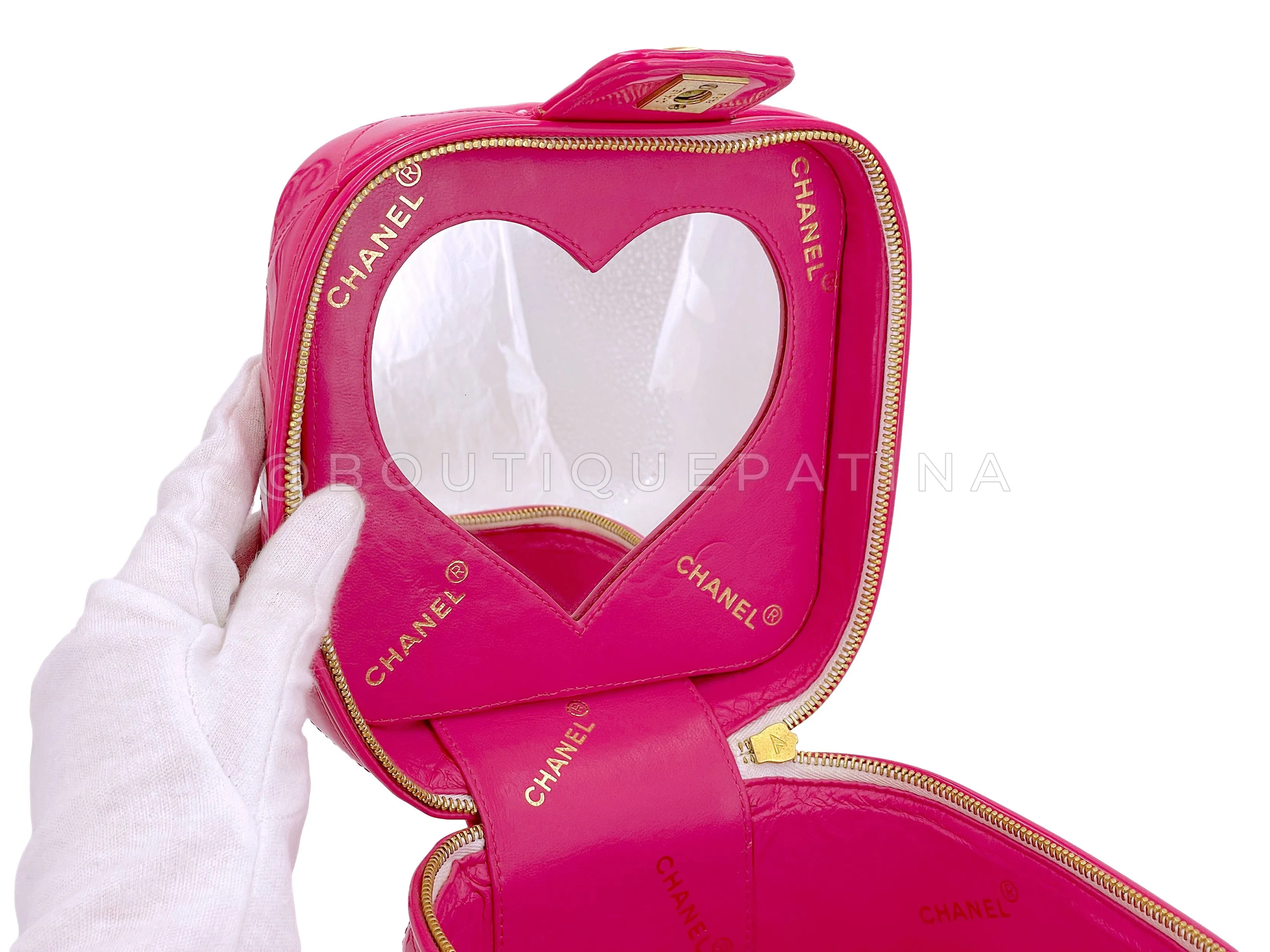 Chanel 1995 Vintage "Barbie" Pink Patent Heart-Mirror Vanity Case Bag