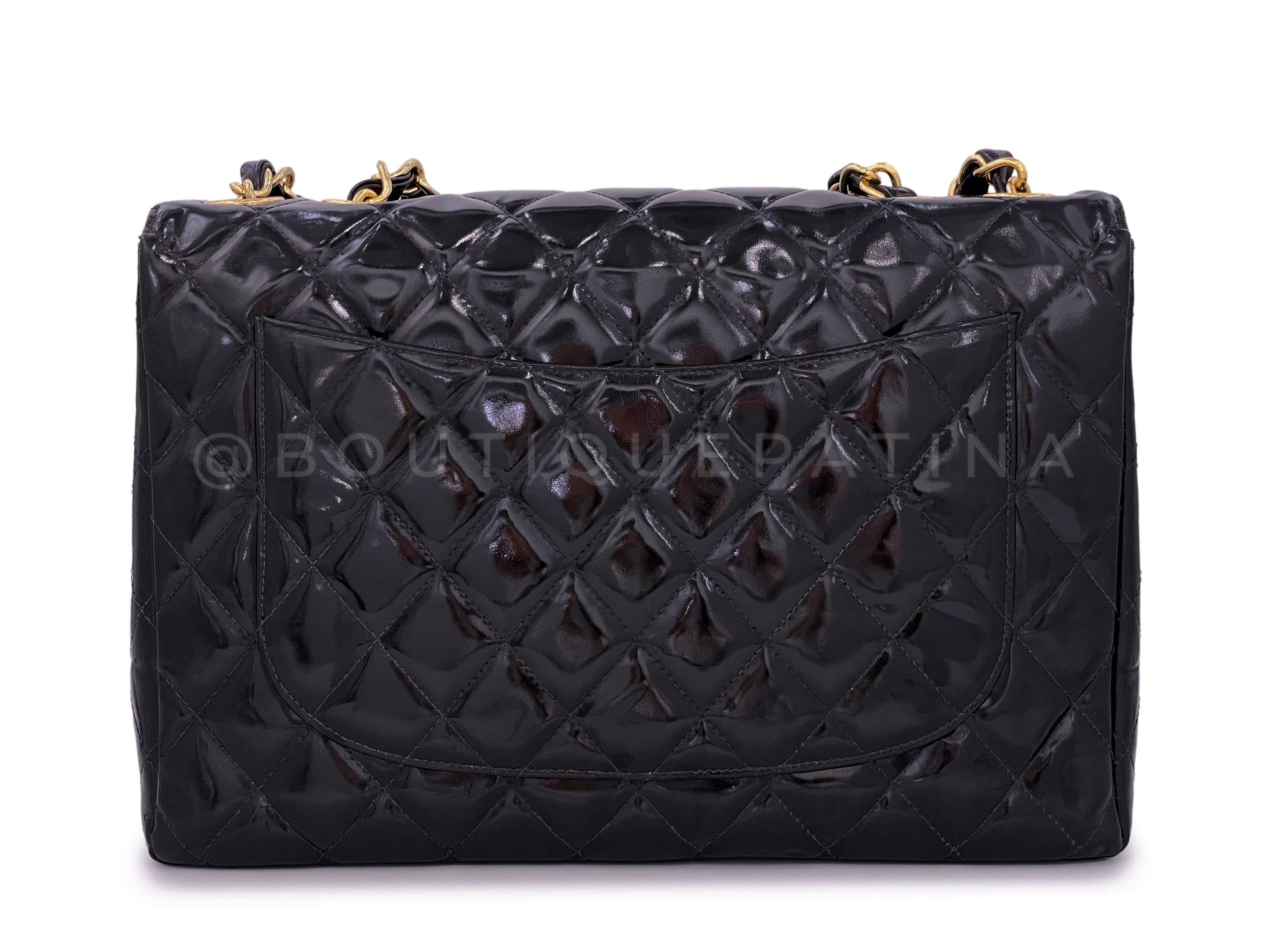 Chanel 1996 Vintage Black Patent Jumbo Classic Flap Bag 24k GHW