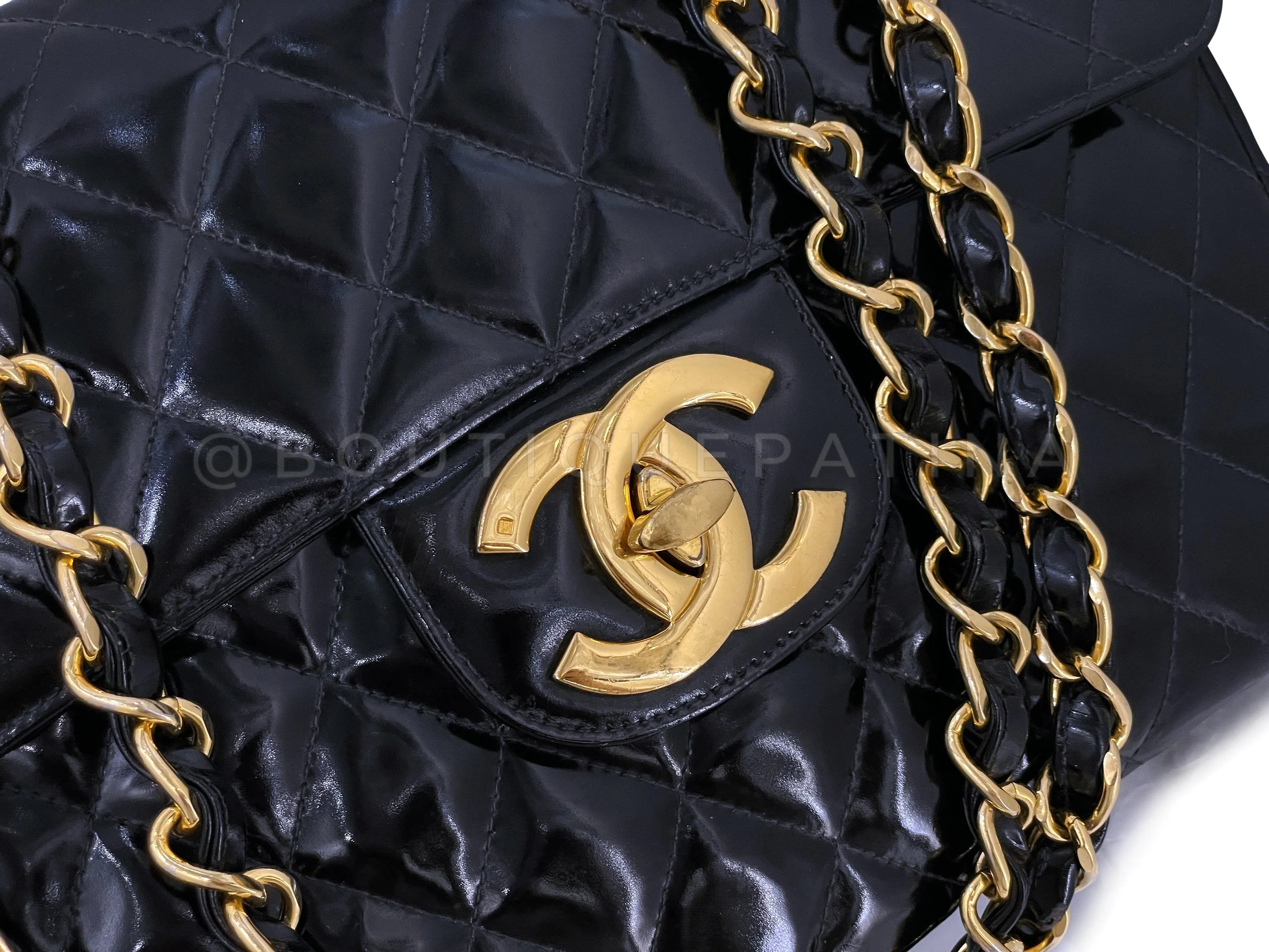 Chanel 1996 Vintage Black Patent Jumbo Classic Flap Bag 24k GHW