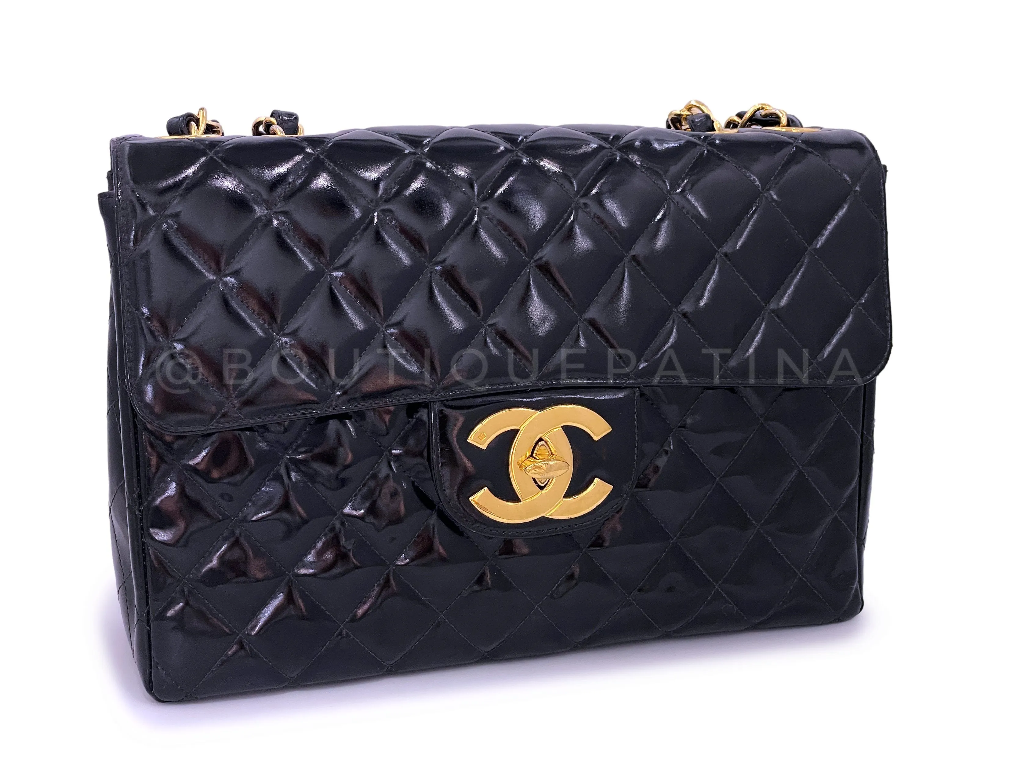 Chanel 1996 Vintage Black Patent Jumbo Classic Flap Bag 24k GHW