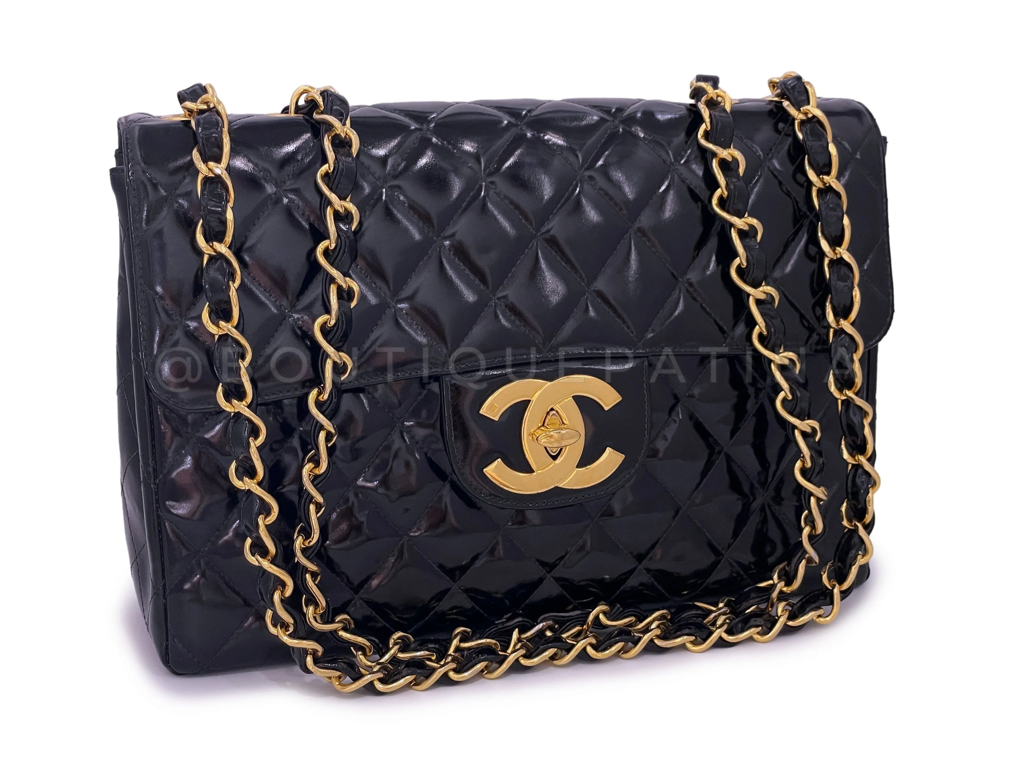 Chanel 1996 Vintage Black Patent Jumbo Classic Flap Bag 24k GHW