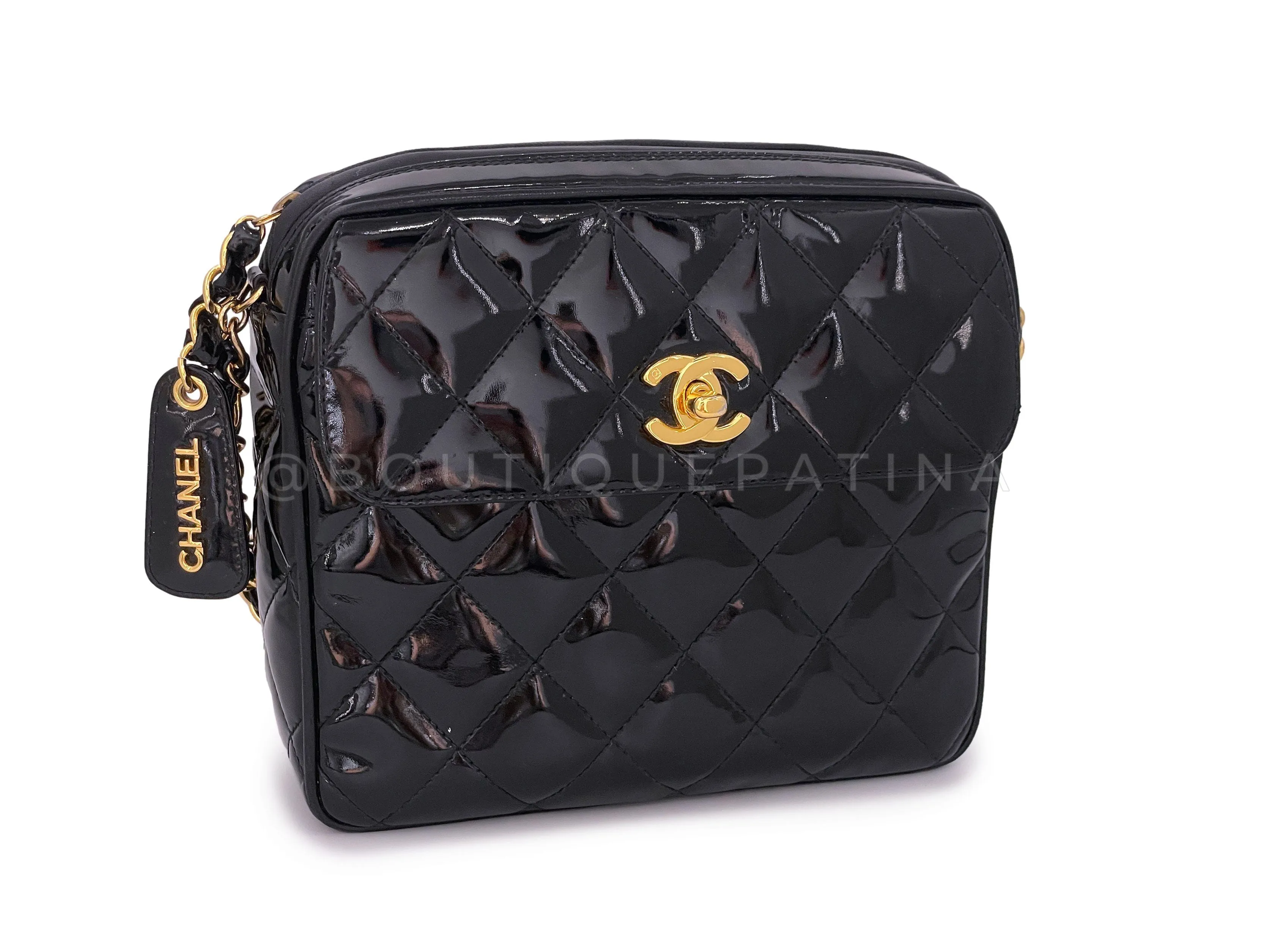 Chanel 1996 Vintage Small Black Patent Flap Camera Case Bag 24k GHW