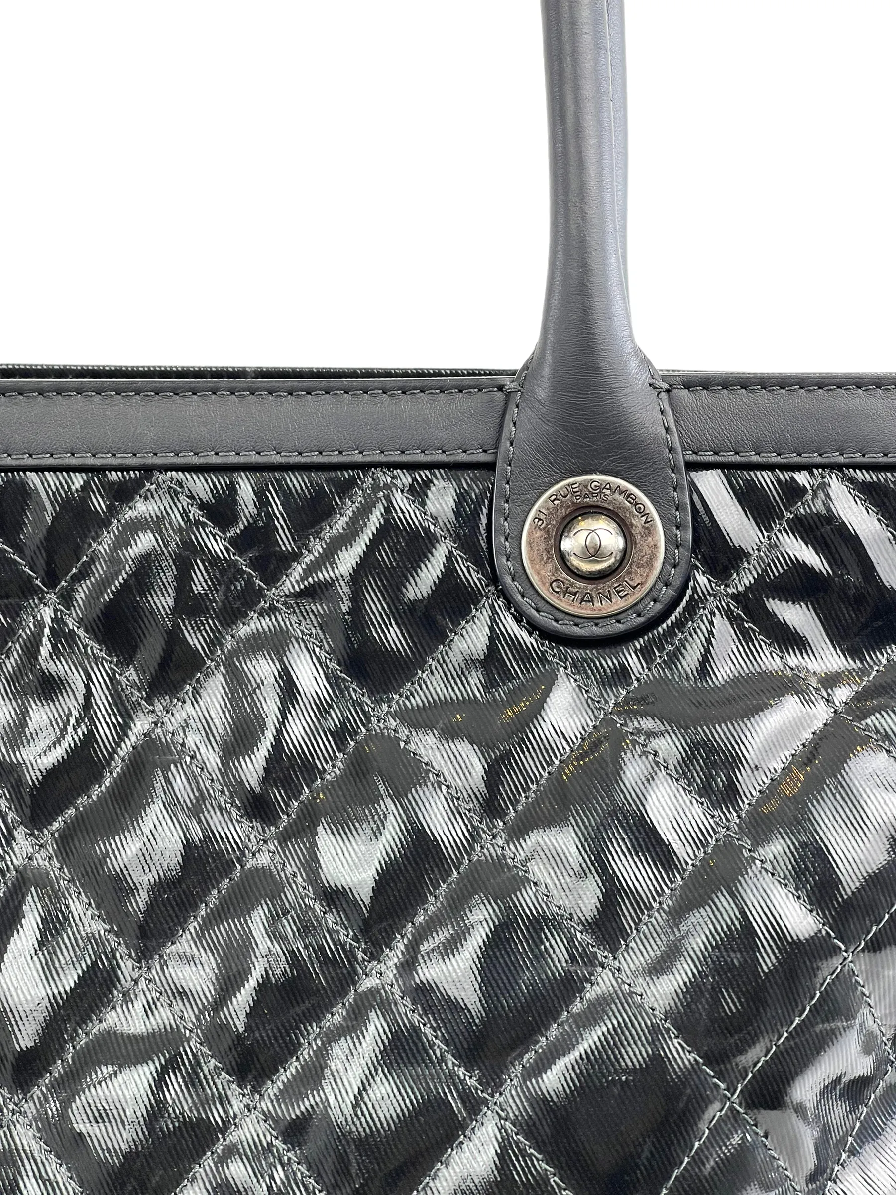 Chanel Charcoal Leather & Quilted Patent Crinkle Effect Canvas Tote