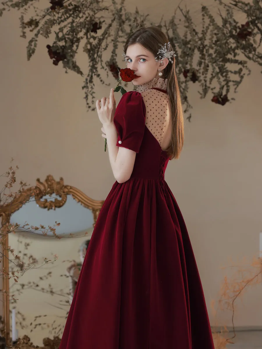 Classy Vintage Princess Burgundy Velvet Long Prom Dress