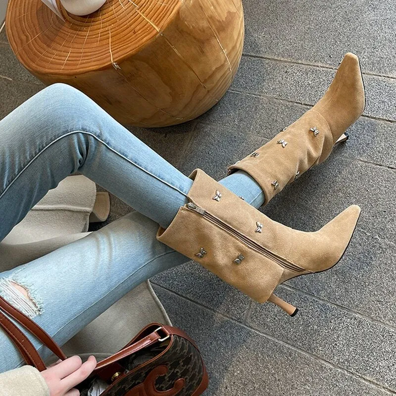 deanwangkt Autumn Shoes     Autumn Boots Women Cow Suede Leather Shoes for Women Square Toe Trouser Boots Bow-knot Thin Heel Shoes Black Western Boots