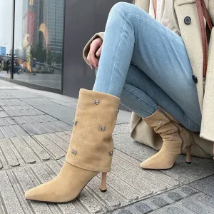 deanwangkt Autumn Shoes     Autumn Boots Women Cow Suede Leather Shoes for Women Square Toe Trouser Boots Bow-knot Thin Heel Shoes Black Western Boots