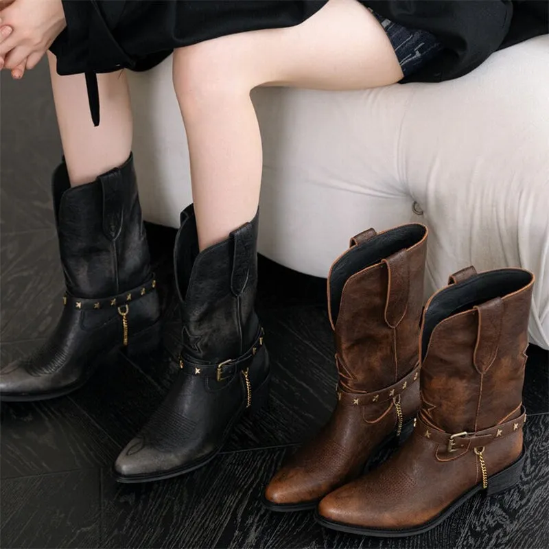 Embroidered Rivet Western Boots Mid Calf Boots Block Heel - Black/Brown Cowgirl Boots All Genuine Leather