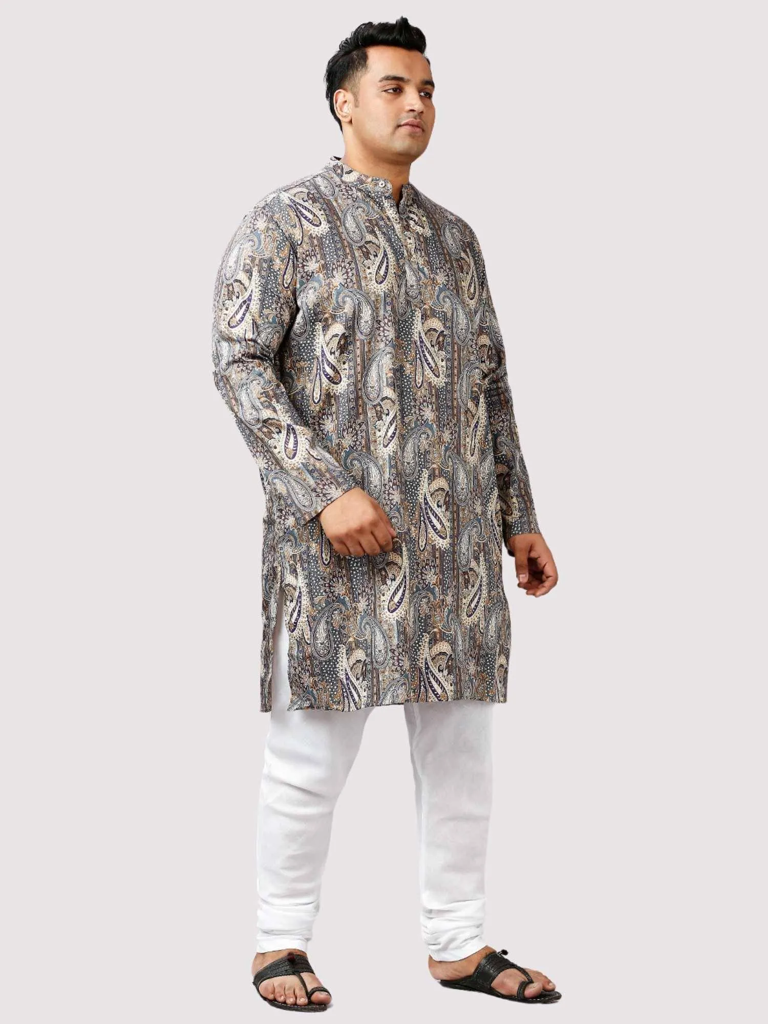 Jalsa Printed Grey White Kurta Men's Plus Size