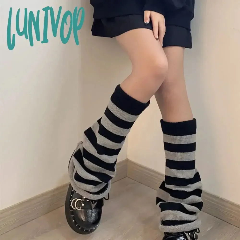 Lunivop Black White Leg Warmers Boot Cuffs Women Knit Socks Harajuku Japanese Long Warmer Punk Cable Socks Striped Flared Lolita Socks