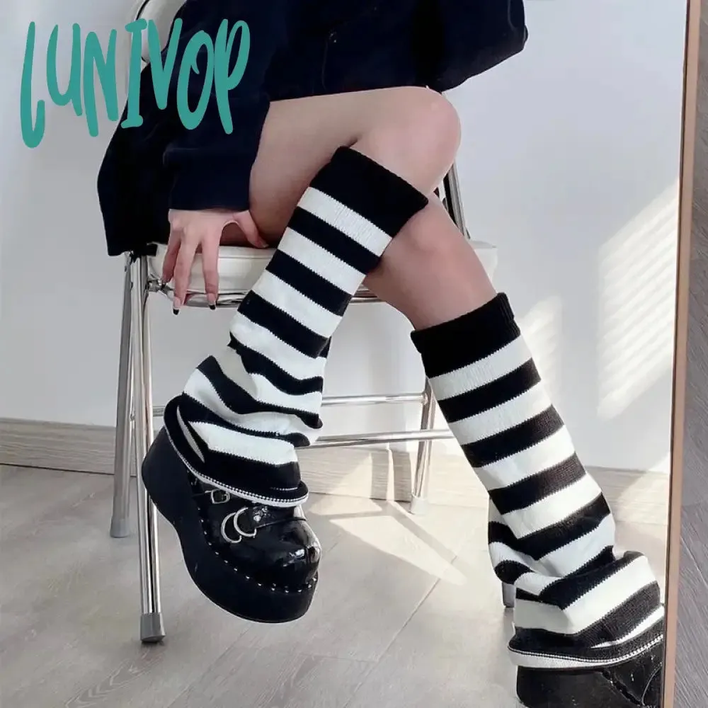 Lunivop Black White Leg Warmers Boot Cuffs Women Knit Socks Harajuku Japanese Long Warmer Punk Cable Socks Striped Flared Lolita Socks