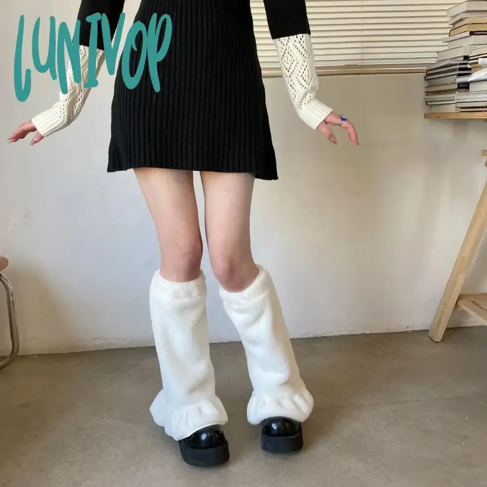 Lunivop Black White Leg Warmers Boot Cuffs Women Knit Socks Harajuku Japanese Long Warmer Punk Cable Socks Striped Flared Lolita Socks