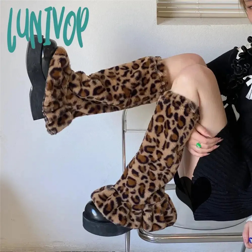 Lunivop Black White Leg Warmers Boot Cuffs Women Knit Socks Harajuku Japanese Long Warmer Punk Cable Socks Striped Flared Lolita Socks