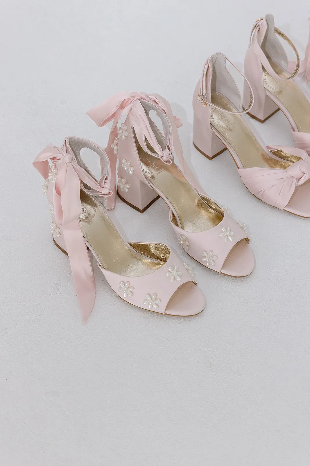 MELODY - PALE PINK FLOWER BRIDAL SHOES LOW BLOCK HEEL