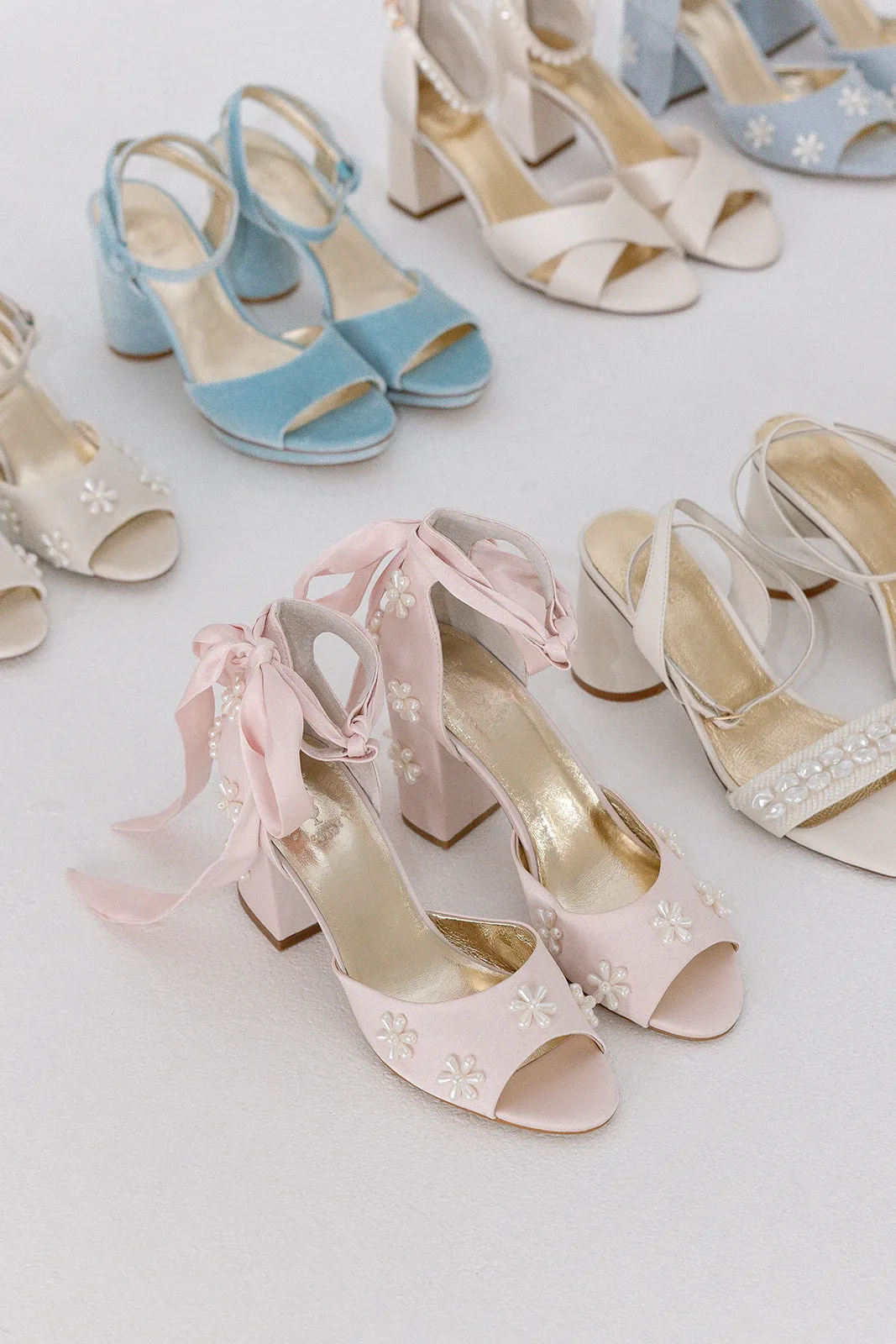 MELODY - PALE PINK FLOWER BRIDAL SHOES LOW BLOCK HEEL