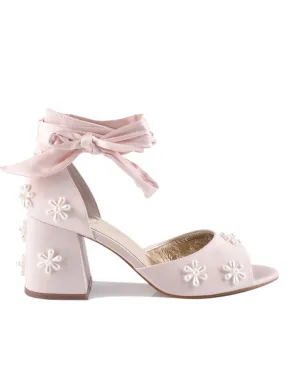 MELODY - PALE PINK FLOWER BRIDAL SHOES LOW BLOCK HEEL