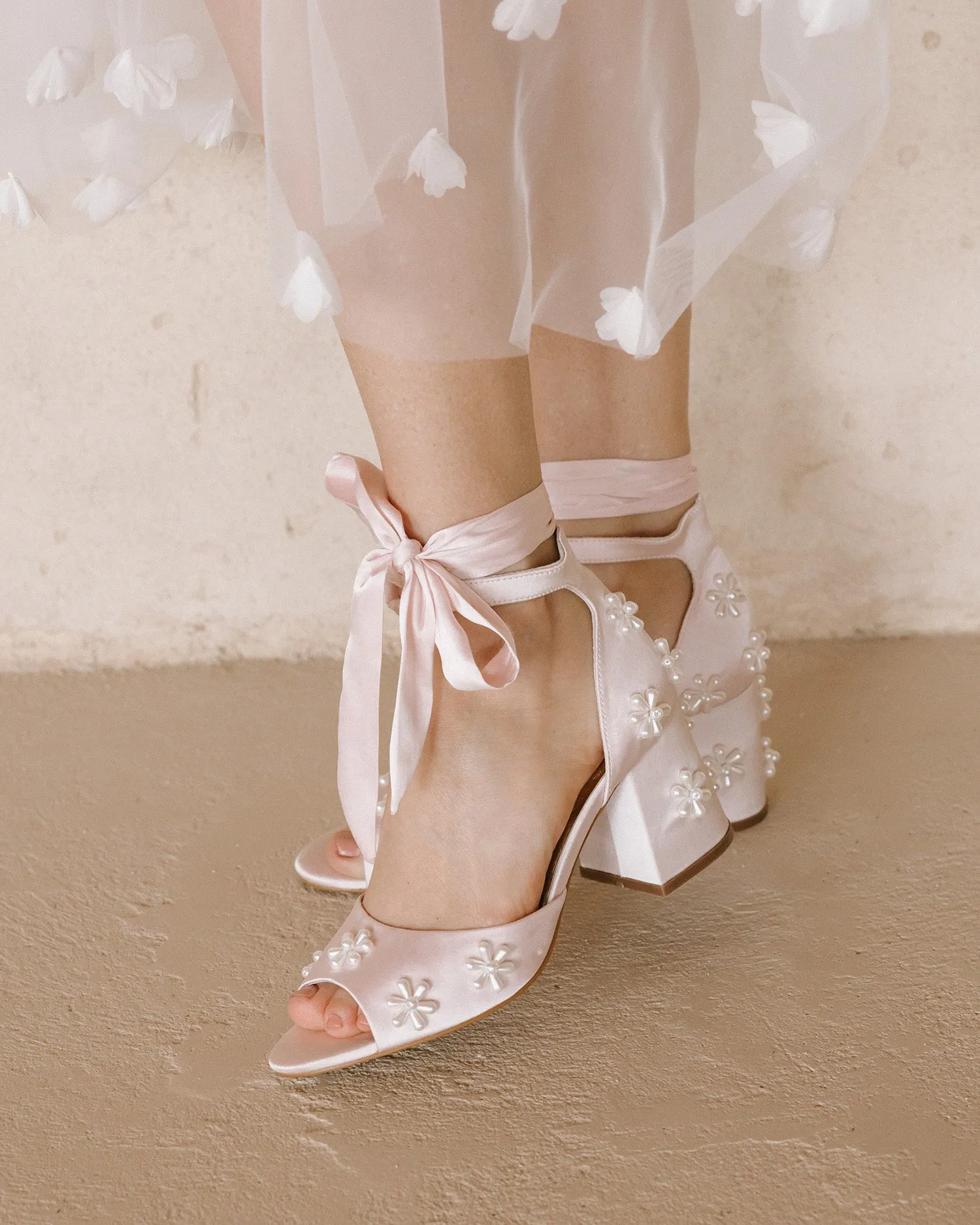 MELODY - PALE PINK FLOWER BRIDAL SHOES LOW BLOCK HEEL