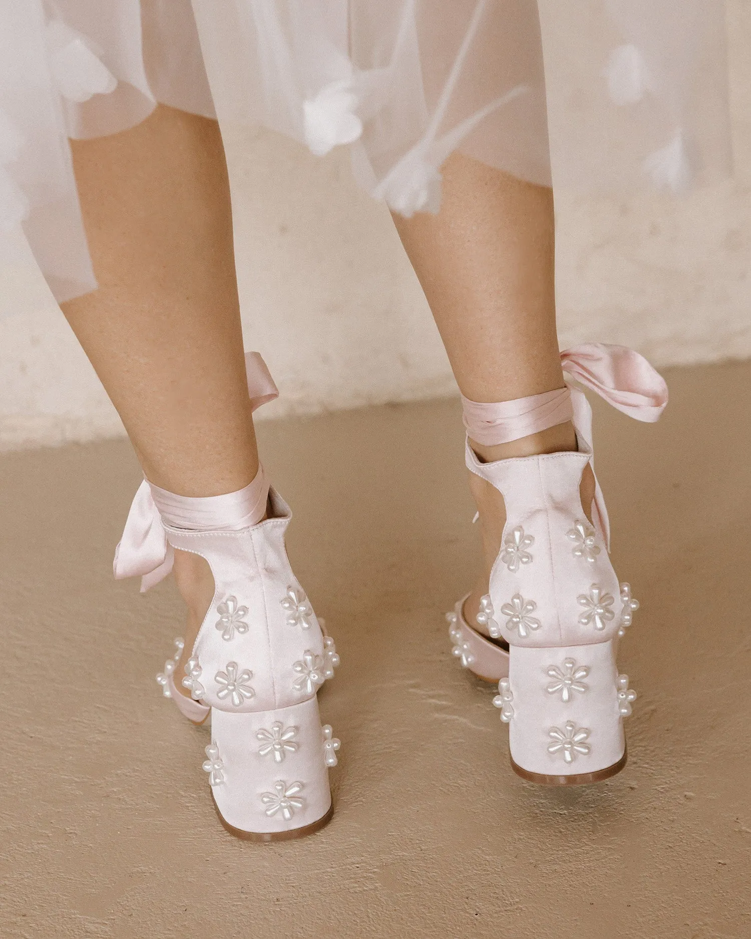 MELODY - PALE PINK FLOWER BRIDAL SHOES LOW BLOCK HEEL