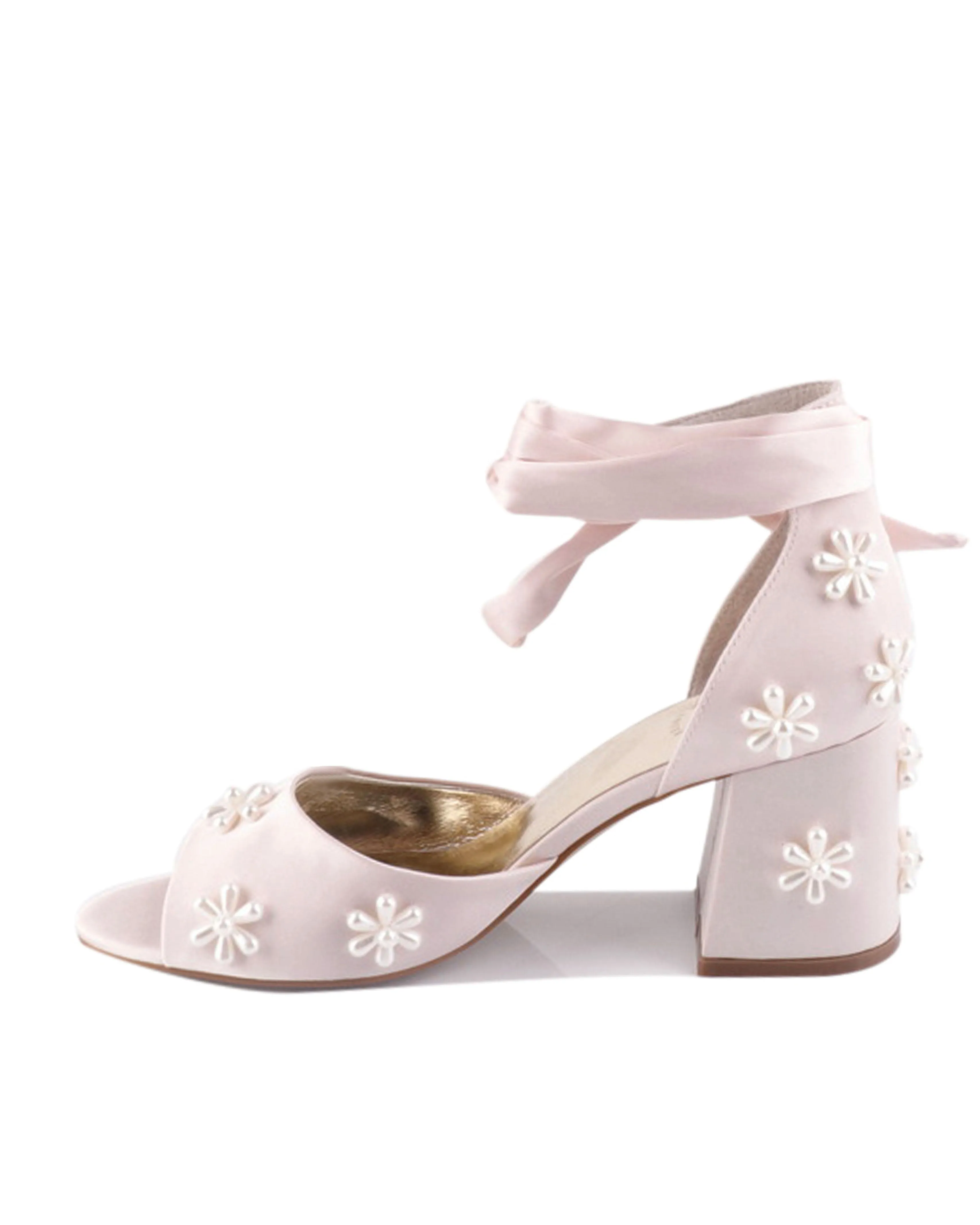 MELODY - PALE PINK FLOWER BRIDAL SHOES LOW BLOCK HEEL