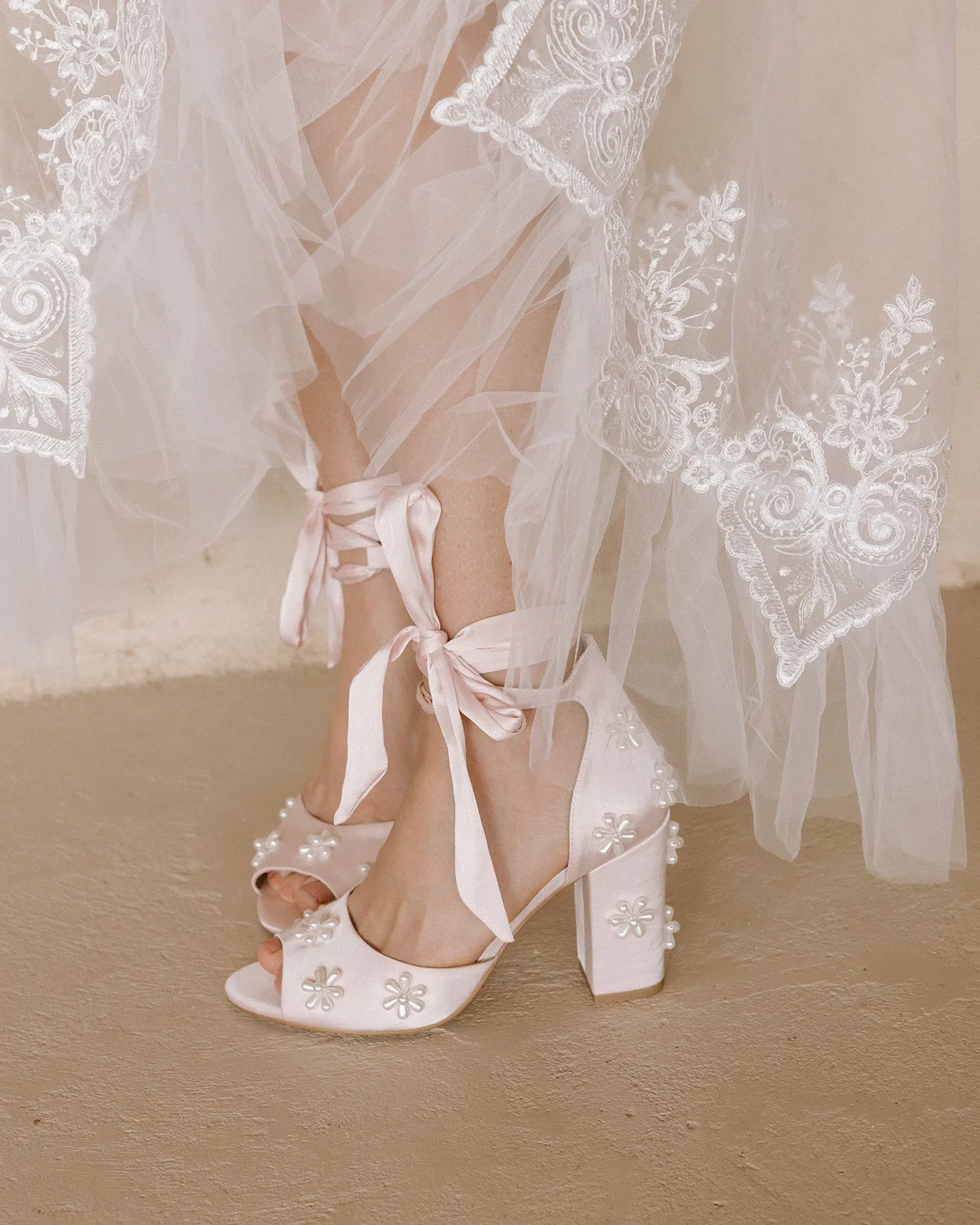 MELODY - PINK SATIN PEARL FLOWER BRIDAL SHOES