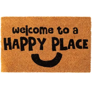 Natural Coir Door Mats Outdoor Happy Place - Non-Slip Rubber Backing, 18x30