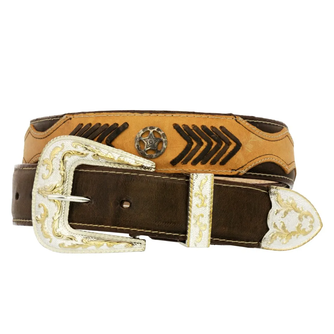 Rustic Western Cowboy Leather Belt Ranger Concho - Silver Buckle