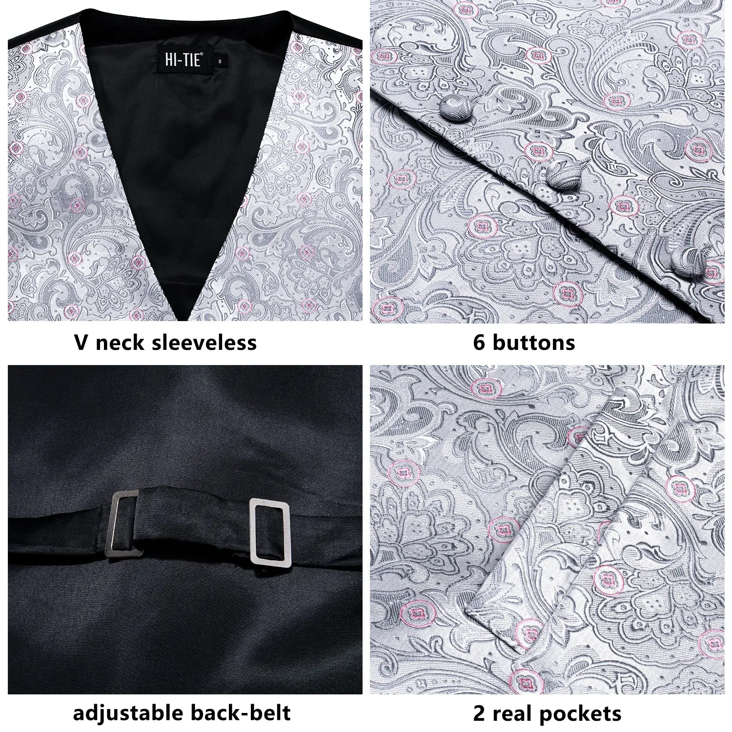 Silver Paisley with Pink Flower Silk Men's Vest Hanky Cufflinks Tie Set Waistcoat Suit Set