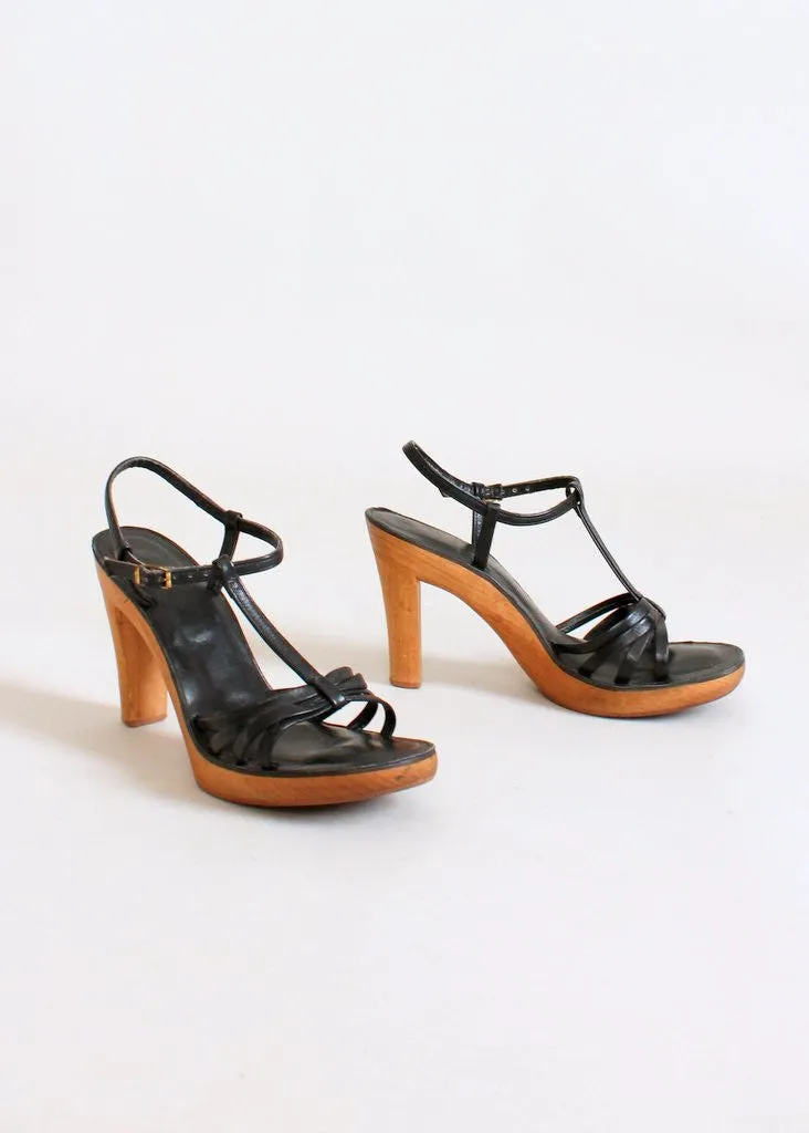 Vintage 1970s Bare Traps Wood Platform T-Strap Sandals