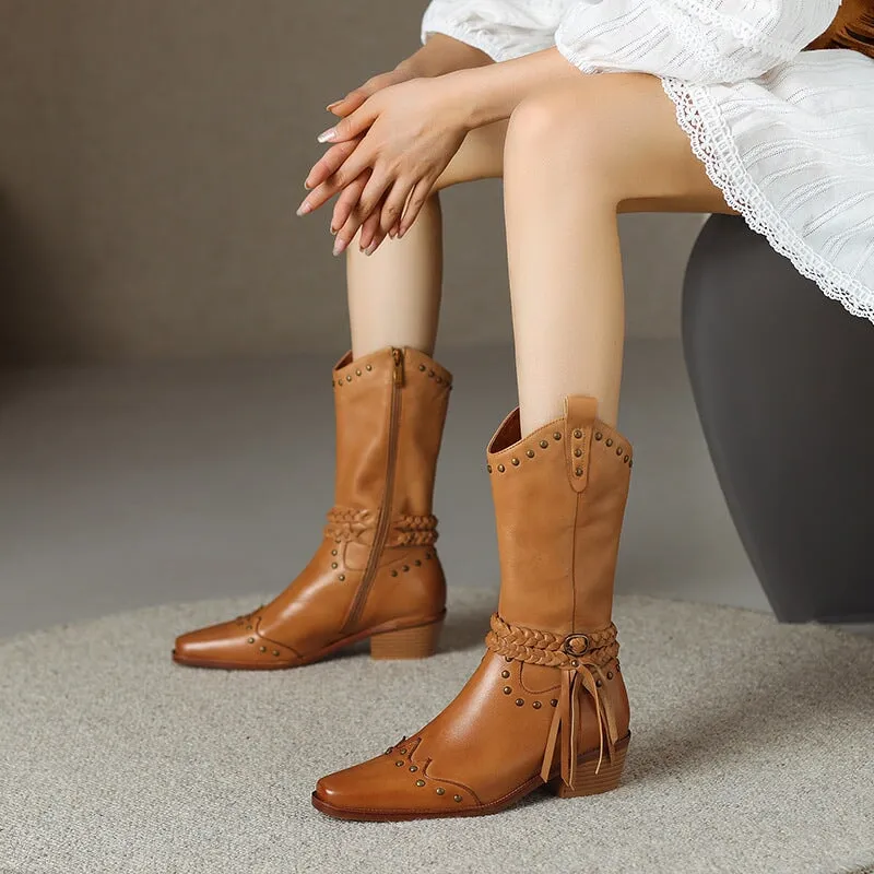 Vintage Leather Womens Rivet Western Boots With Tassel Detail In Black/Aprciot/Brown