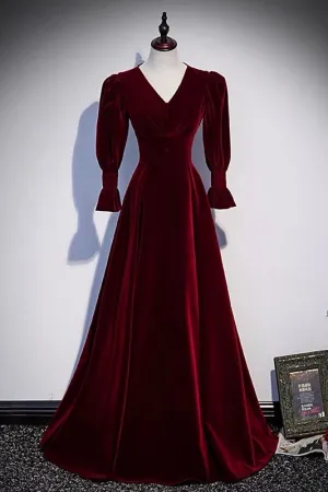 Vintage Long Sleeve Burgundy Velvet Prom Dress