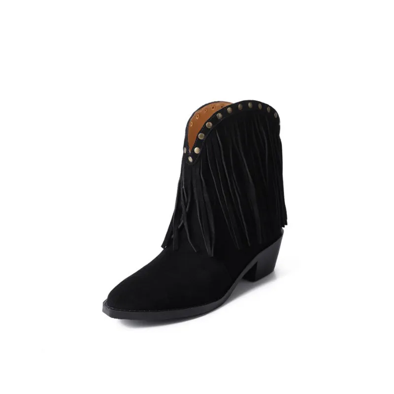 Western Square Toe Cowgirl Boots With Tassels Handmade Nubuck Ankle Boots for Women