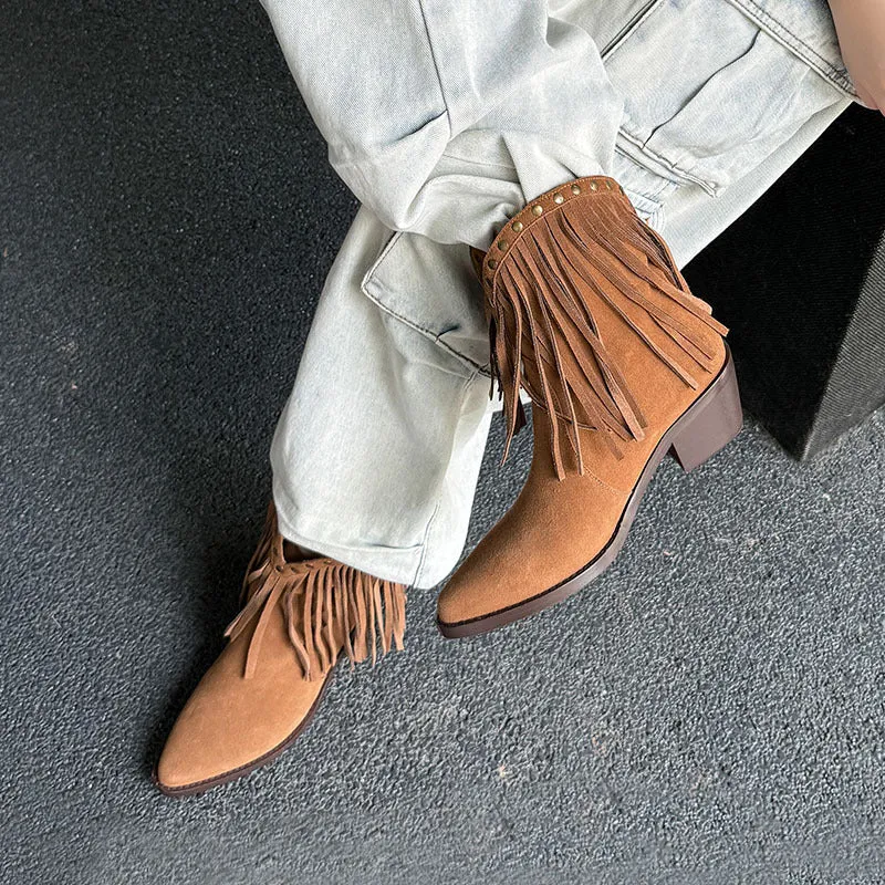 Western Square Toe Cowgirl Boots With Tassels Handmade Nubuck Ankle Boots for Women