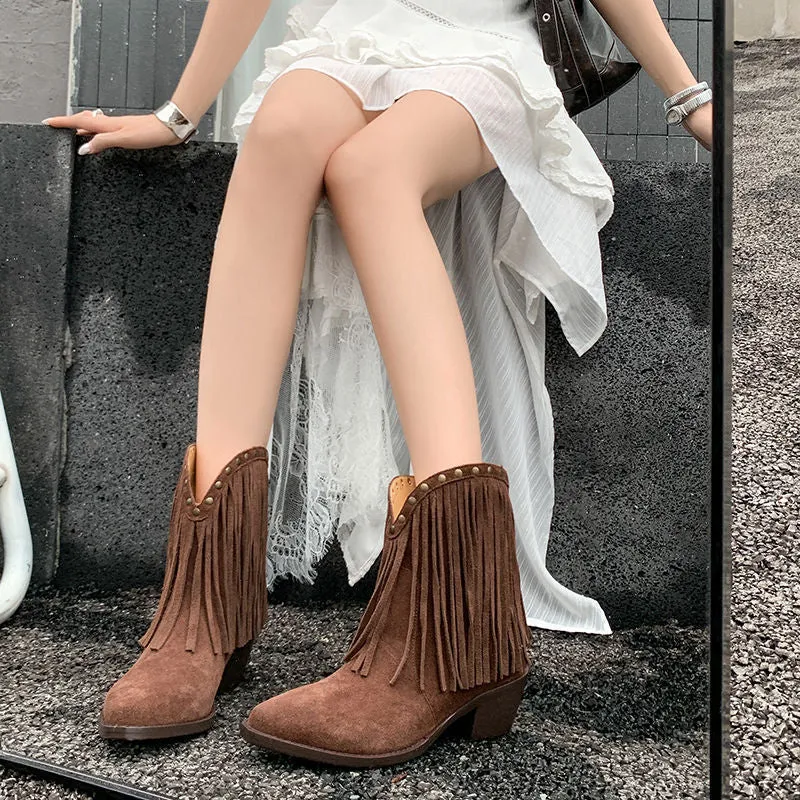 Western Square Toe Cowgirl Boots With Tassels Handmade Nubuck Ankle Boots for Women